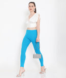 WOMEN SOLID BLUE ANKLE-LENGTH COTTON LEGGINGS
