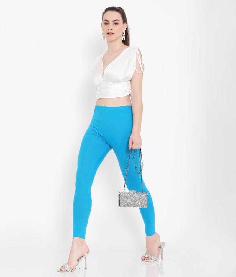WOMEN SOLID BLUE ANKLE-LENGTH COTTON LEGGINGS
