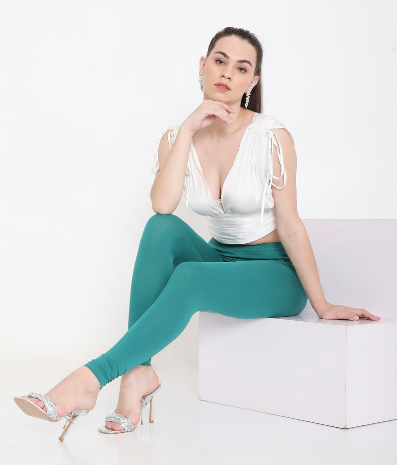 SOLID GREEN ANKLE-LENGTH COTTON LEGGINGS FOR WOMEN