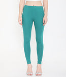 SOLID GREEN ANKLE-LENGTH COTTON LEGGINGS FOR WOMEN