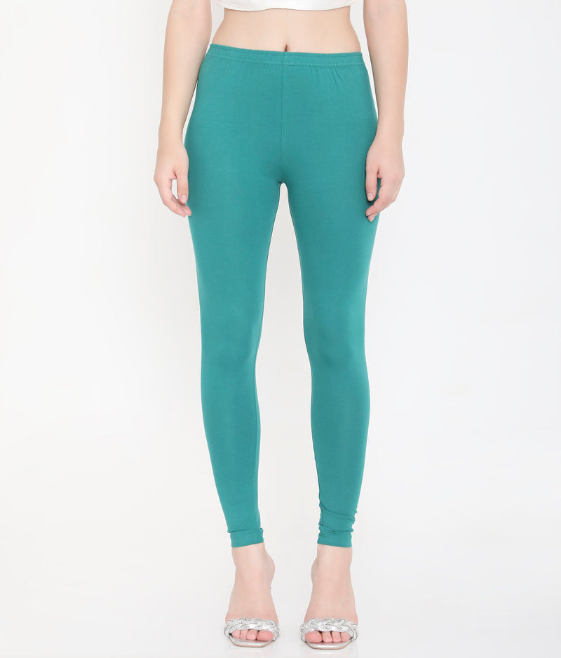 SOLID GREEN ANKLE-LENGTH COTTON LEGGINGS FOR WOMEN
