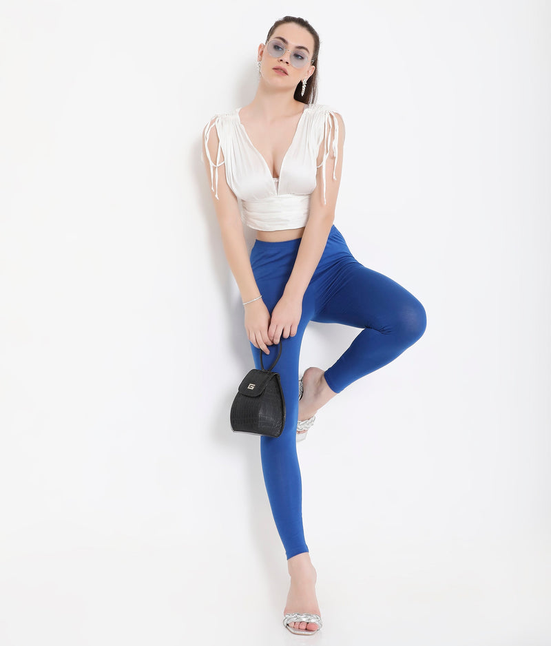 ROYAL BLUE ANKLE-LENGTH COTTON LEGGINGS FOR WOMEN
