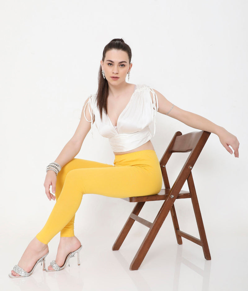 WOMEN SOLID YELLOW ANKLE-LENGTH COTTON LEGGINGS