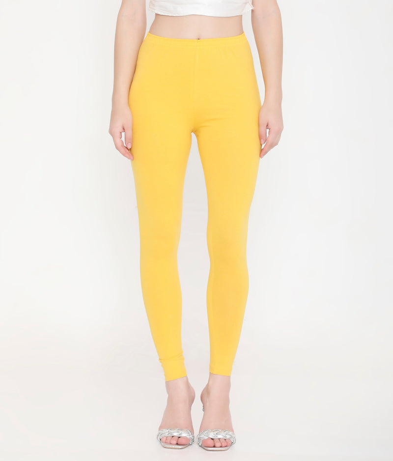 WOMEN SOLID YELLOW ANKLE-LENGTH COTTON LEGGINGS