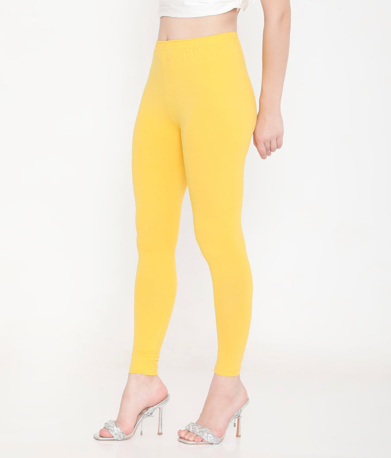 WOMEN SOLID YELLOW ANKLE-LENGTH COTTON LEGGINGS