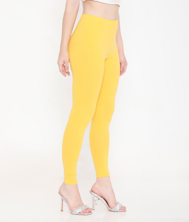 WOMEN SOLID YELLOW ANKLE-LENGTH COTTON LEGGINGS