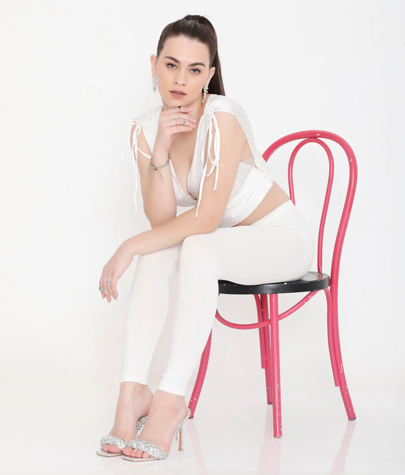 SOLID WHITE ANKLE-LENGTH COTTON LEGGINGS FOR WOMEN