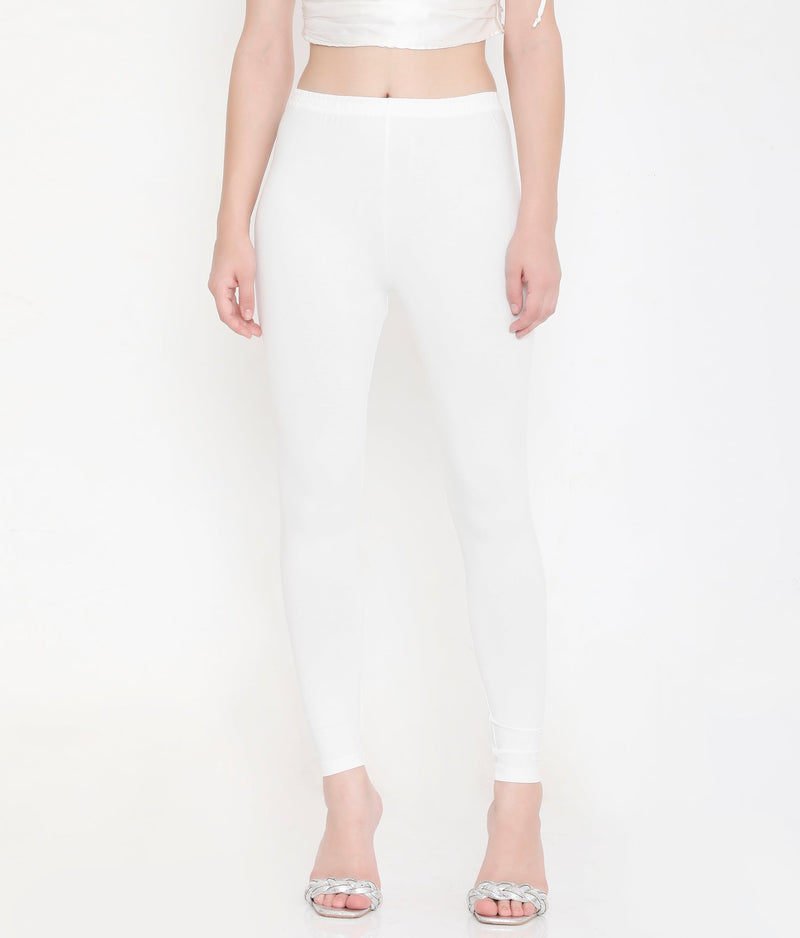 SOLID WHITE ANKLE-LENGTH COTTON LEGGINGS FOR WOMEN