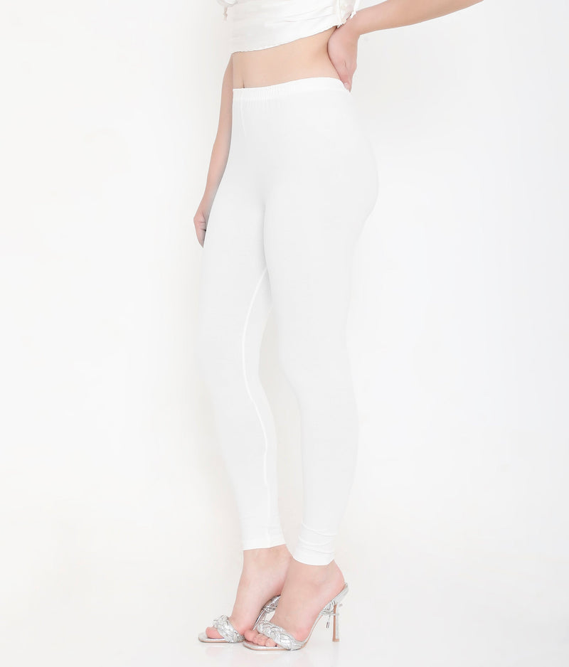 SOLID WHITE ANKLE-LENGTH COTTON LEGGINGS FOR WOMEN
