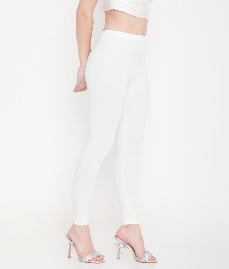 SOLID WHITE ANKLE-LENGTH COTTON LEGGINGS FOR WOMEN