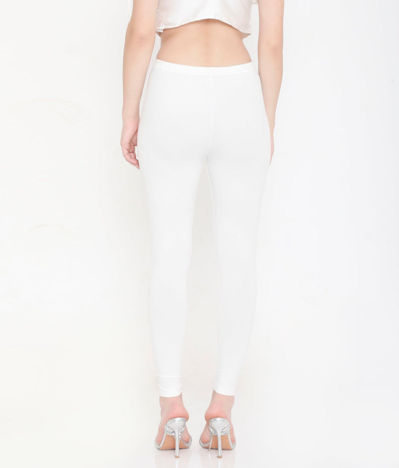 SOLID WHITE ANKLE-LENGTH COTTON LEGGINGS FOR WOMEN