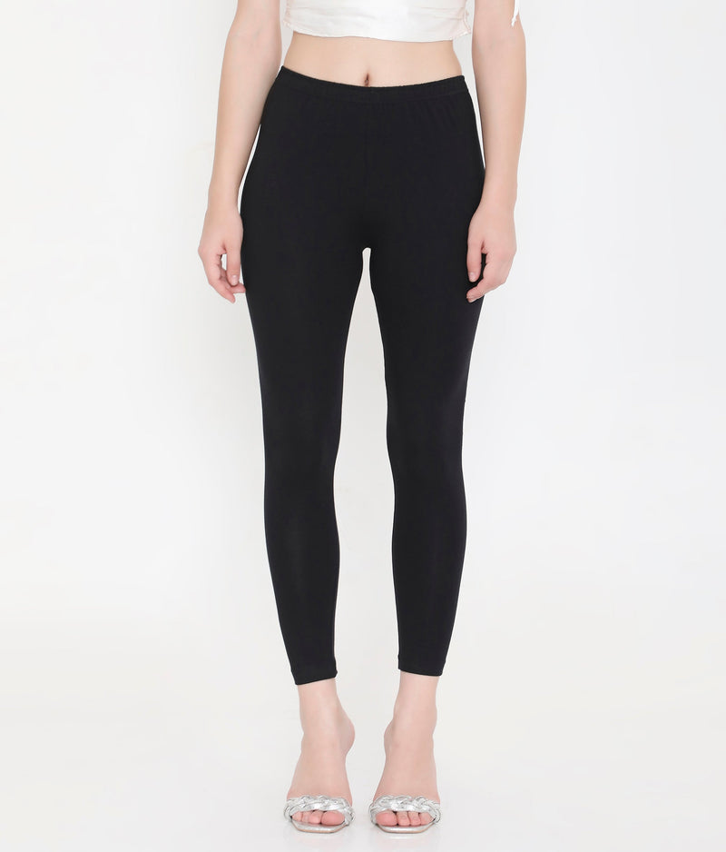 WOMEN SOLID BLACK ANKLE-LENGTH COTTON LEGGINGS