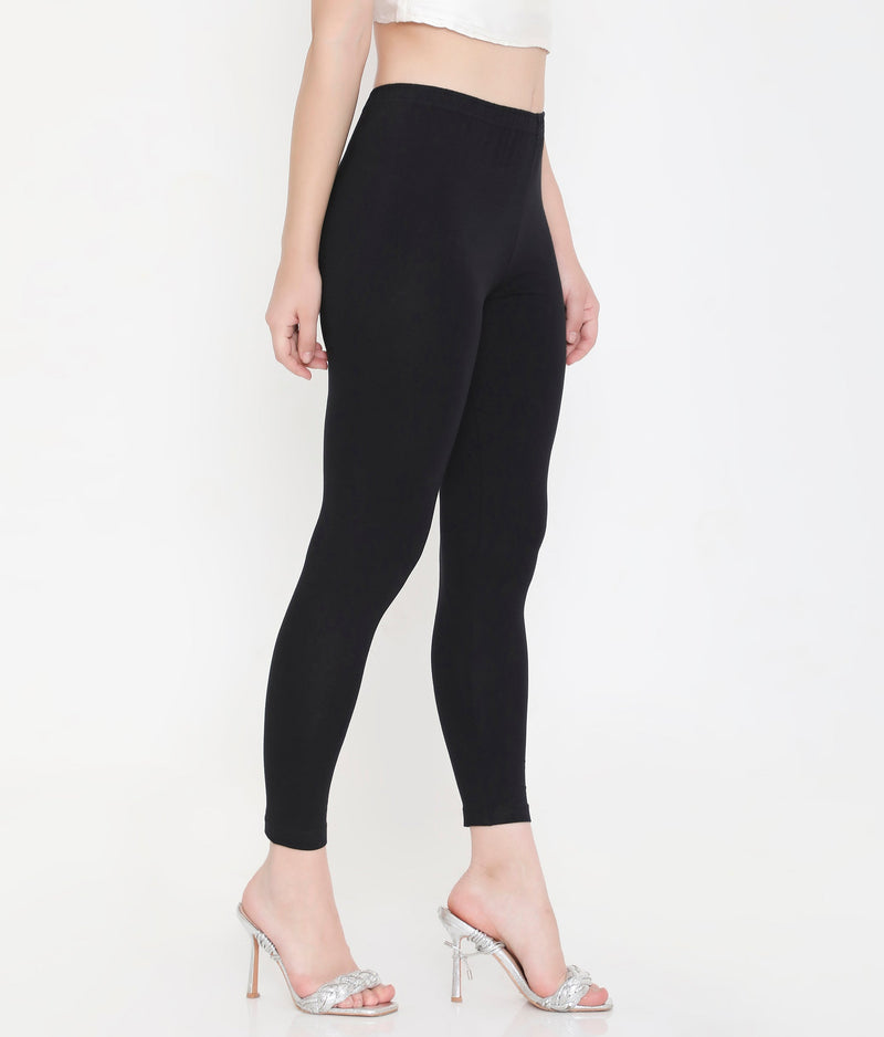 WOMEN SOLID BLACK ANKLE-LENGTH COTTON LEGGINGS