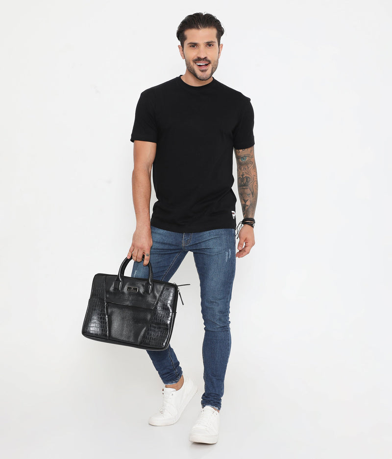Men Solid Black Leisurewear Essential Cotton Tee - 004