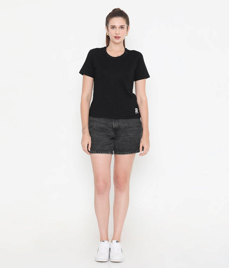 Women Solid Black Round Neck Cotton T-Shirt - 001