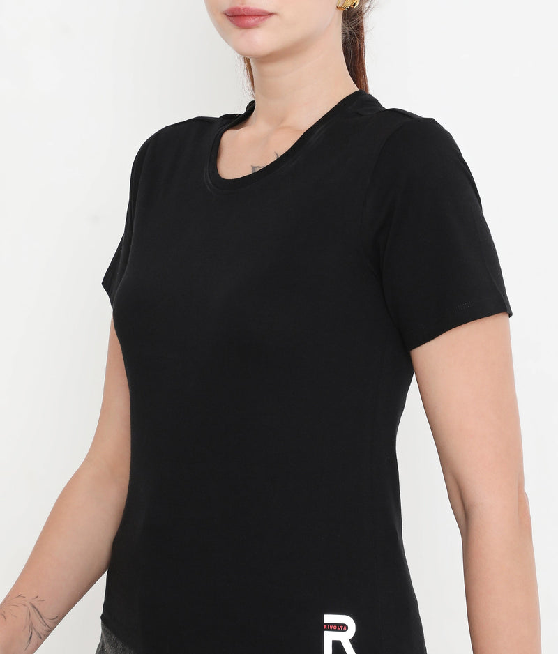 Women Solid Black Round Neck Cotton T-Shirt - 001