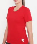 Women Solid Red Round Neck Cotton T-Shirt - 001