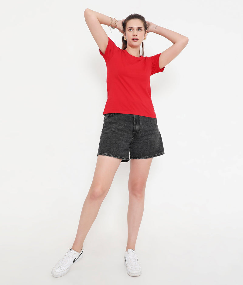 Women Solid Red Round Neck Cotton T-Shirt - 001