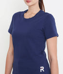 Women Solid Navy Blue Round Neck Cotton T-Shirt - 001