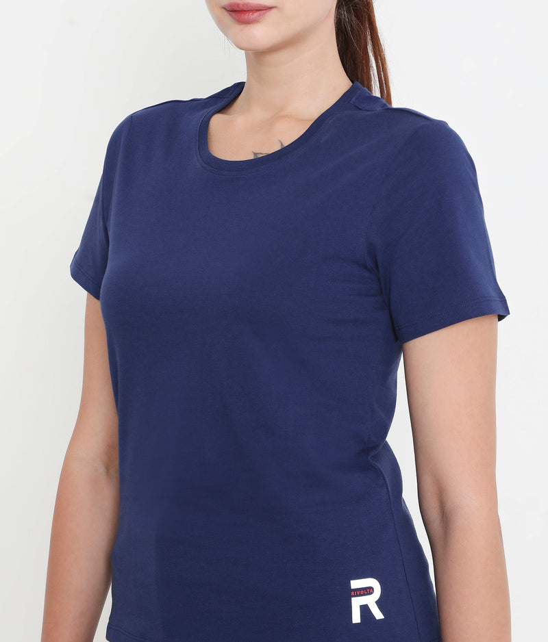 Women Solid Navy Blue Round Neck Cotton T-Shirt - 001