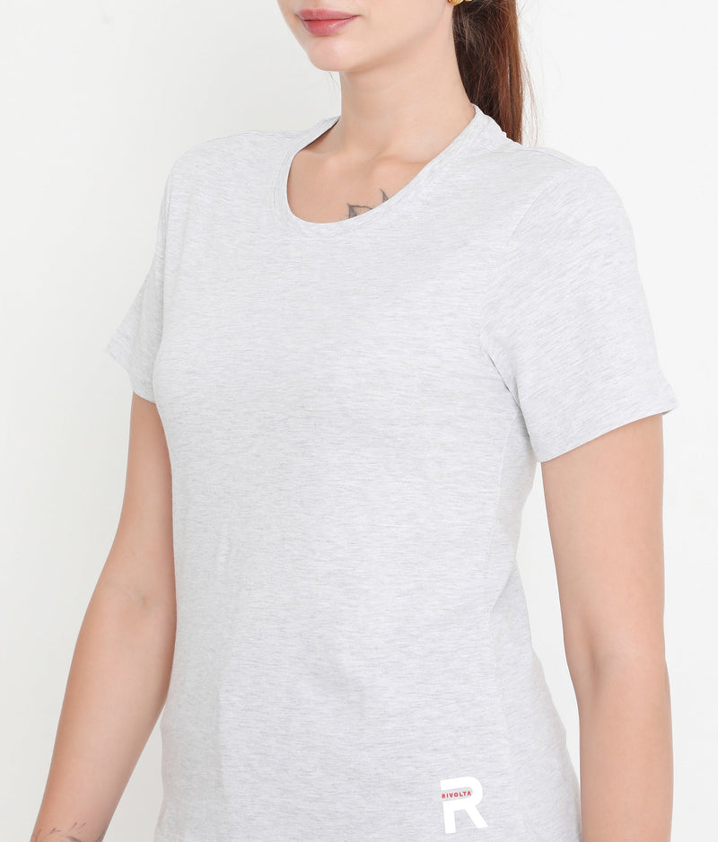 Women White Melange Round Neck Cotton T-Shirt - 001
