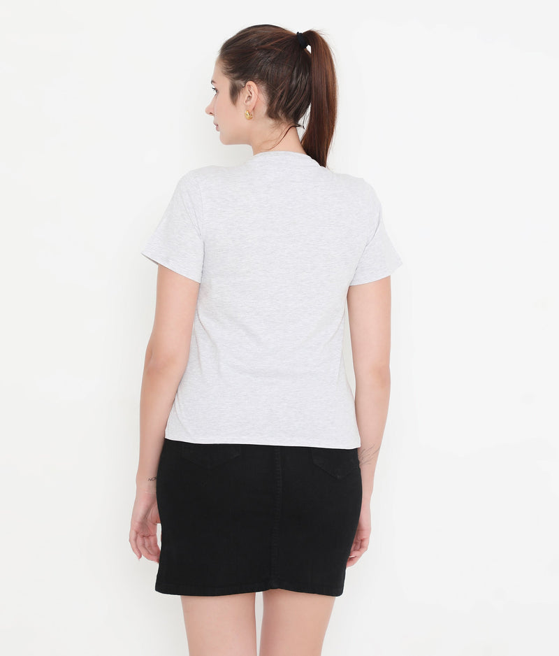 Women White Melange Round Neck Cotton T-Shirt - 001