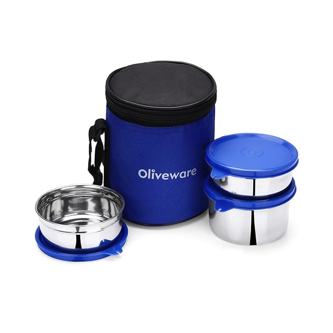 oliveware Lovely Stylo Lunch Box, Leak Proof & BPA Free Lid, 3 Stainless Steel Containers (2x290ml & 450ml), Fabric Jacket - Blue