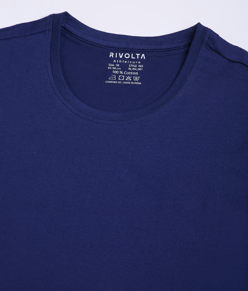Women Solid Navy Blue Round Neck Cotton T-Shirt - 001