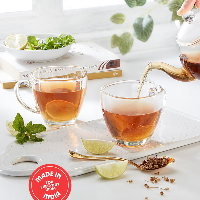 Borosil 200ml 6pc Oasis Tea/Coffee Mug Set | Borosilicate Tuff Glass Made in India Cup Set for Chai, Green Tea, Coffee, Milk | Microwave Safe, Scratch Resistance, Lightweight | Transparent