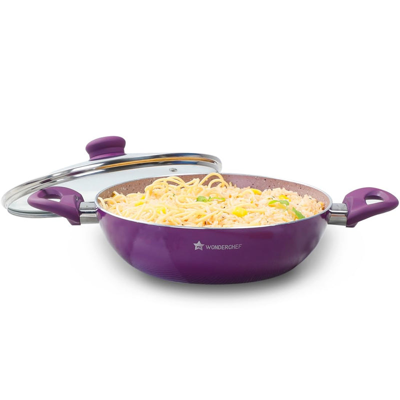 Wonderchef Royal Velvet Non-Stick 24cm Kadhai with Lid and Handles | Glass Lid | Induction Ready | Soft-Touch Handles |Non – Toxic I Virgin Aluminium| 3 mm Thick | 2 Year Warranty | Purple